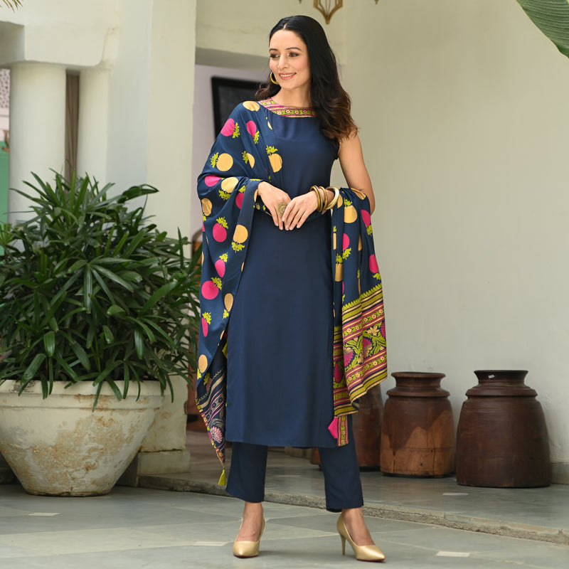 Indigo Halter Neck Kurta Pant Dupatta Set With Side Tie up Detail