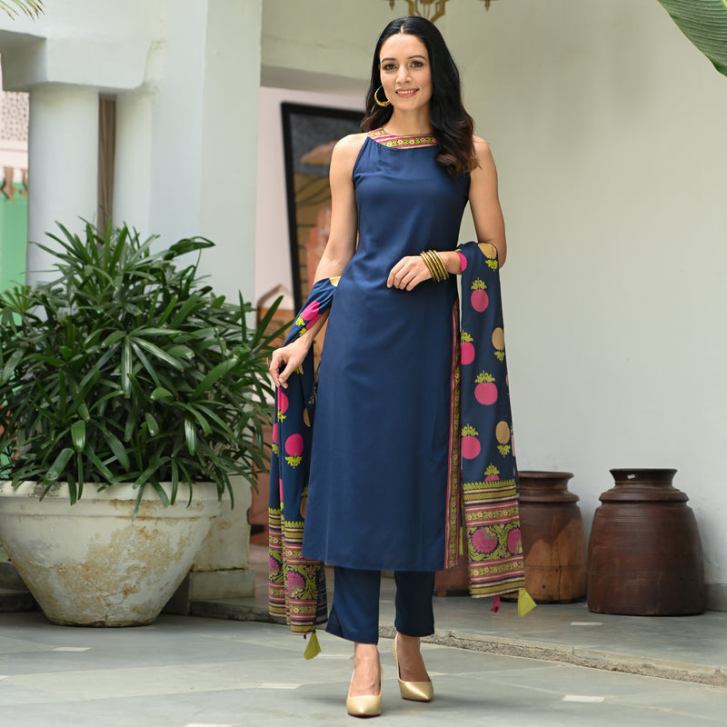 Indigo Halter Neck Kurta Pant Dupatta Set With Side Tie up Detail ...