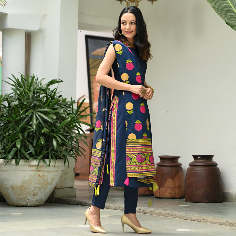 Indigo Halter Neck Kurta Pant Dupatta Set With Side Tie up Detail