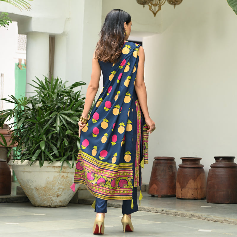 Indigo Halter Neck Kurta Pant Dupatta Set With Side Tie up Detail