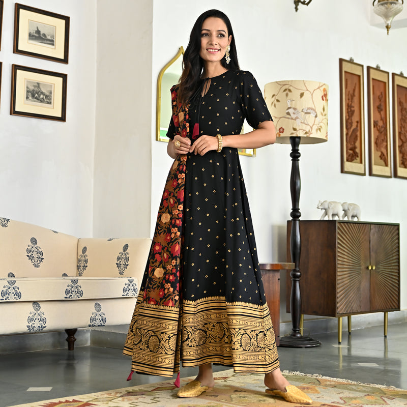 Black Foil Print Long Dress with Dupatta