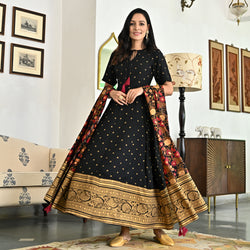 Black Foil Print Long Dress with Dupatta