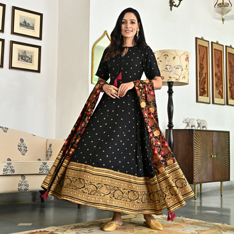 Black Foil Print Long Dress with Dupatta