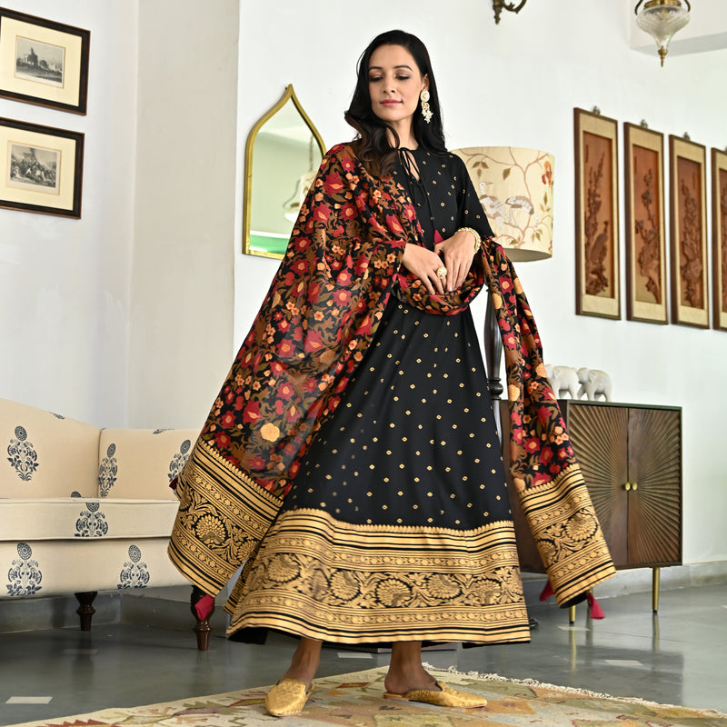 Black Foil Print Long Dress with Dupatta