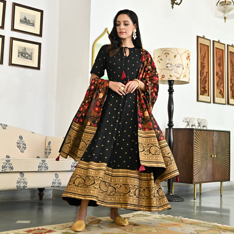 Black Foil Print Long Dress with Dupatta