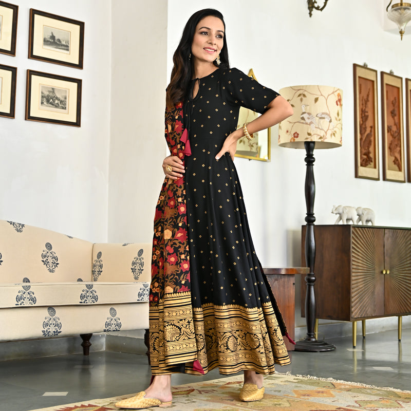 Black Foil Print Long Dress with Dupatta