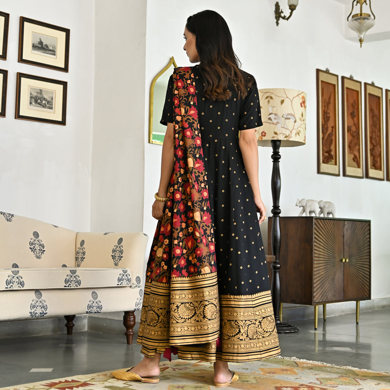 Black Foil Print Long Dress with Dupatta