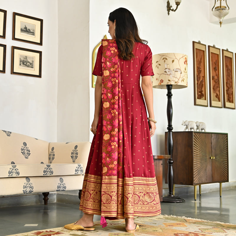 Maroon Foil Print Long Dress with Dupatta
