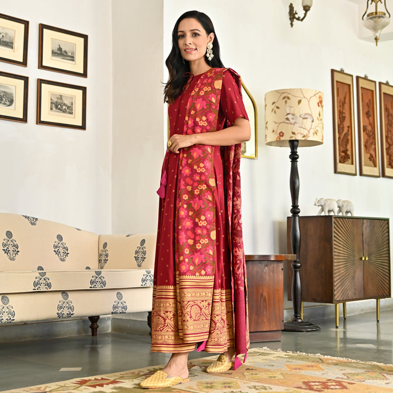 Maroon Foil Print Long Dress with Dupatta