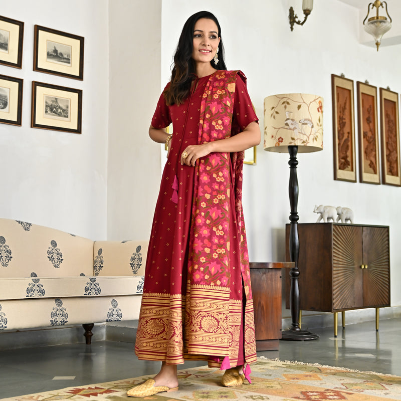 Maroon Foil Print Long Dress with Dupatta