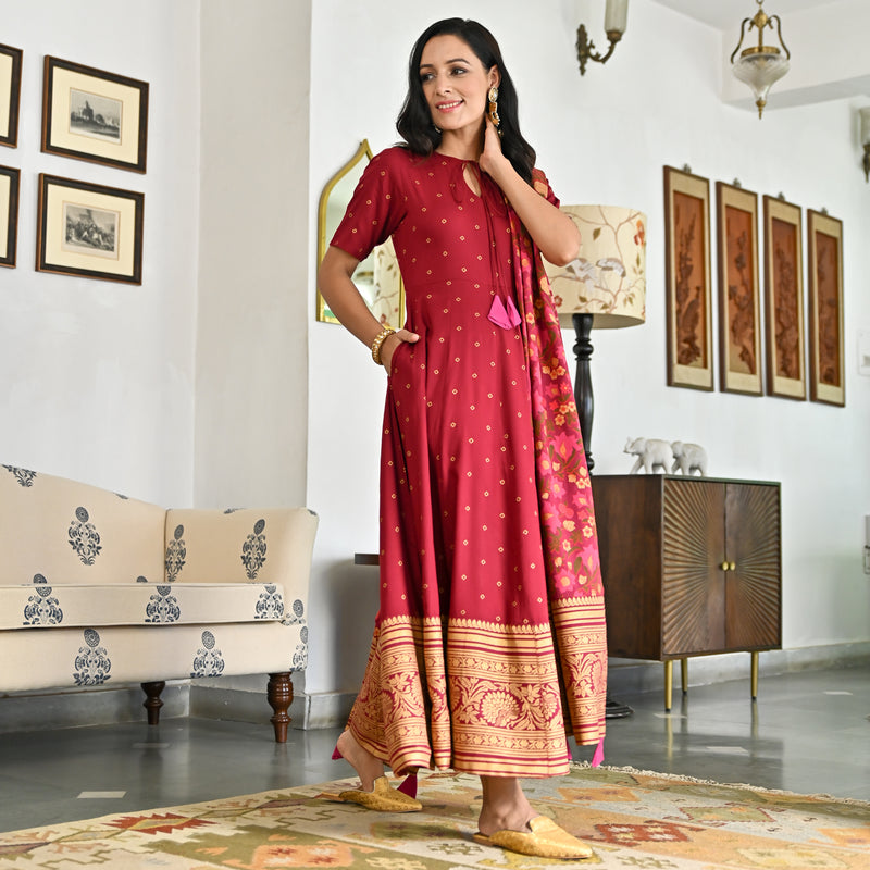 Maroon Foil Print Long Dress with Dupatta
