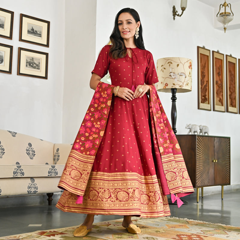 Maroon Foil Print Long Dress with Dupatta