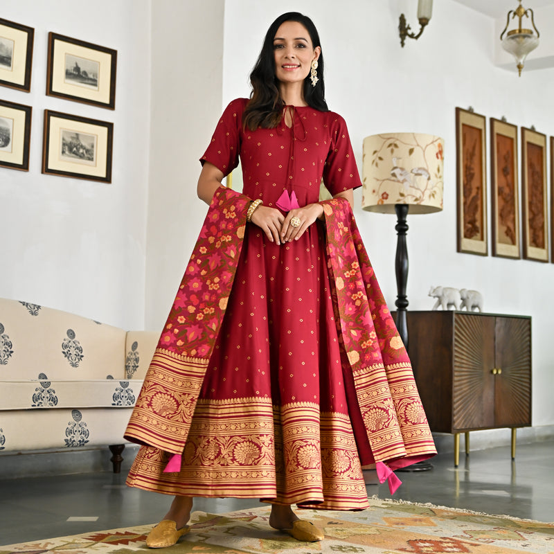 Maroon Foil Print Long Dress with Dupatta