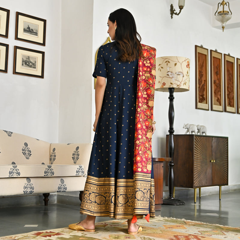 Indigo Foil Print Long Dress with Dupatta