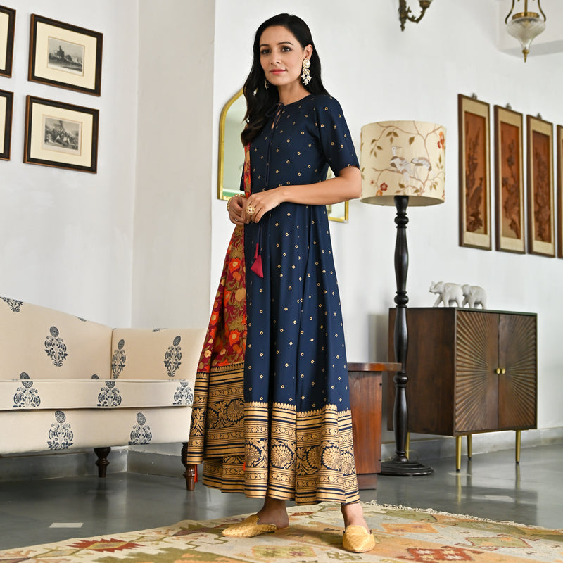 Indigo Foil Print Long Dress with Dupatta