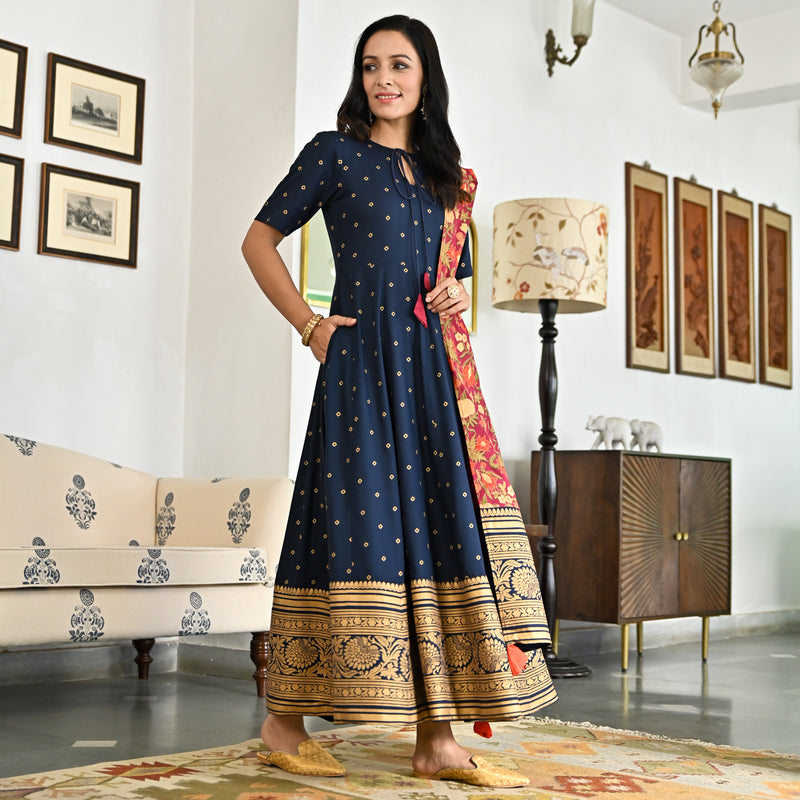 Indigo Foil Print Long Dress with Dupatta