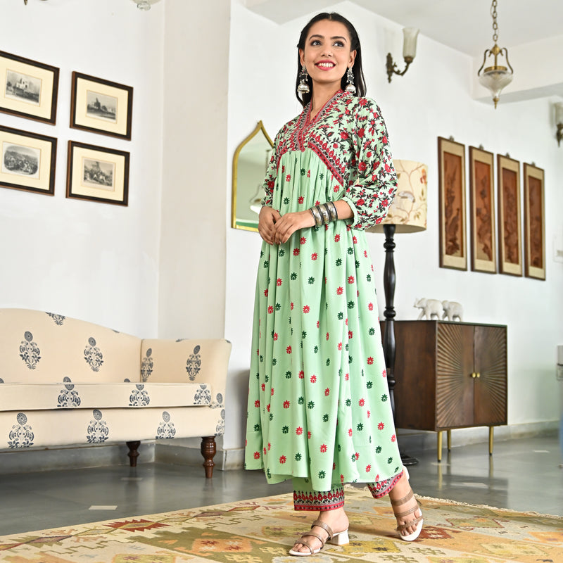 Mint Green V Neck Gathered Kurta Pant Set