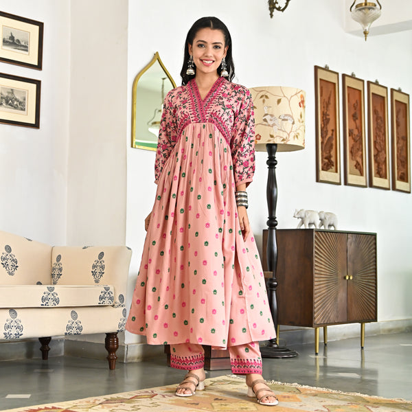 Pink Blossom V Neck Gathered Kurta Pant Set