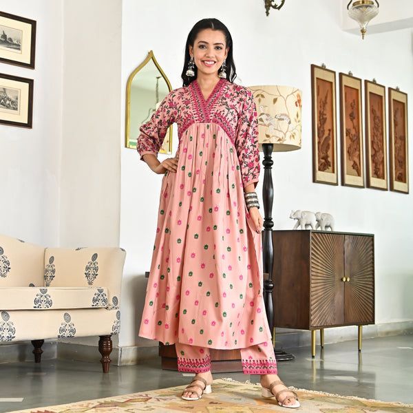 Pink Blossom V Neck Gathered Kurta Pant Set