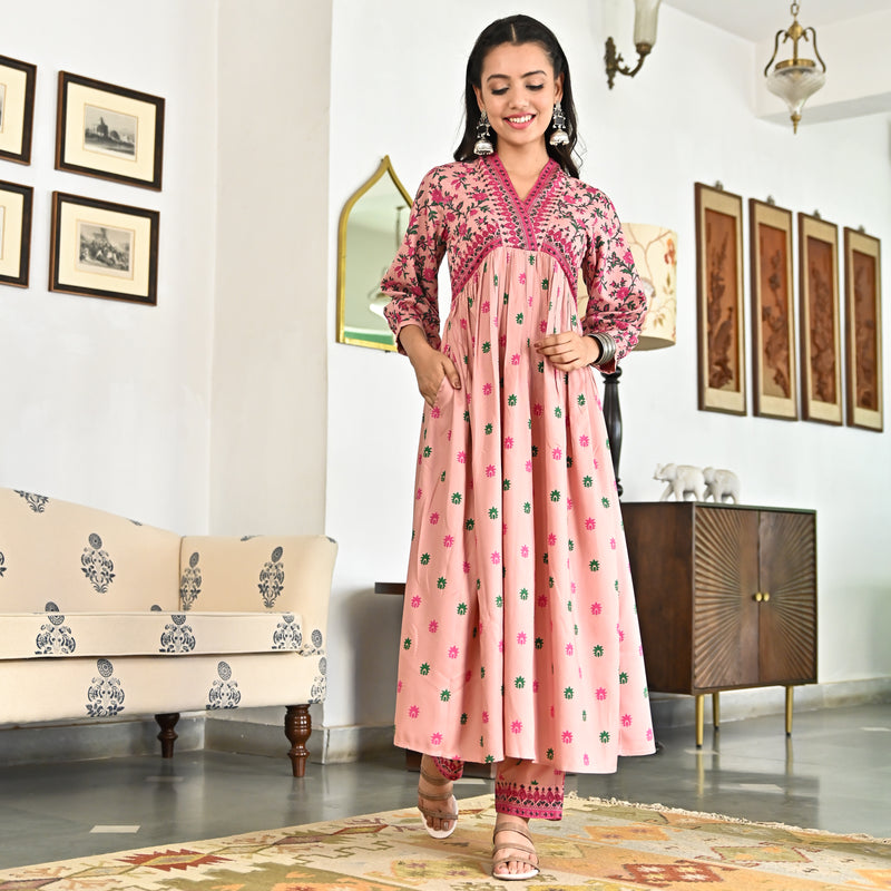 Pink Blossom V Neck Gathered Kurta Pant Set