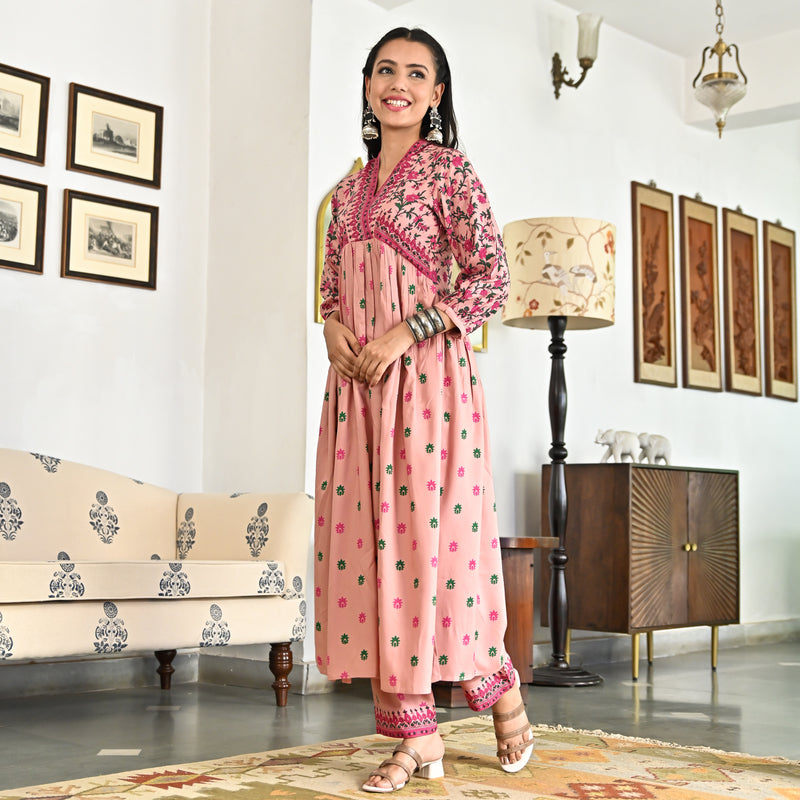 Pink Blossom V Neck Gathered Kurta Pant Set