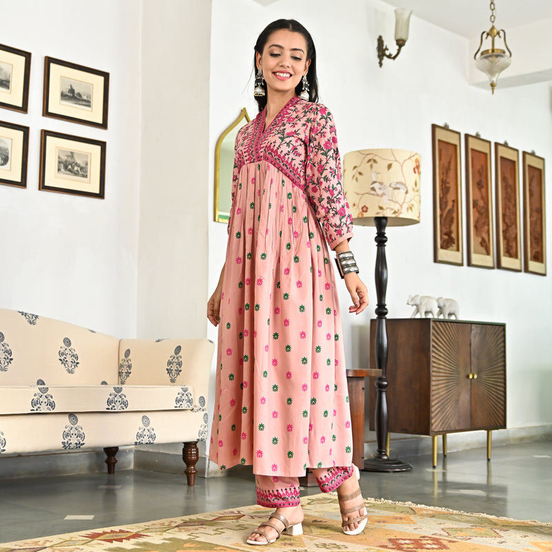 Pink Blossom V Neck Gathered Kurta Pant Set