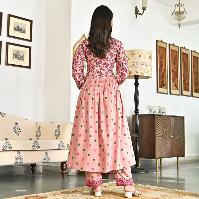 Pink Blossom V Neck Gathered Kurta Pant Set