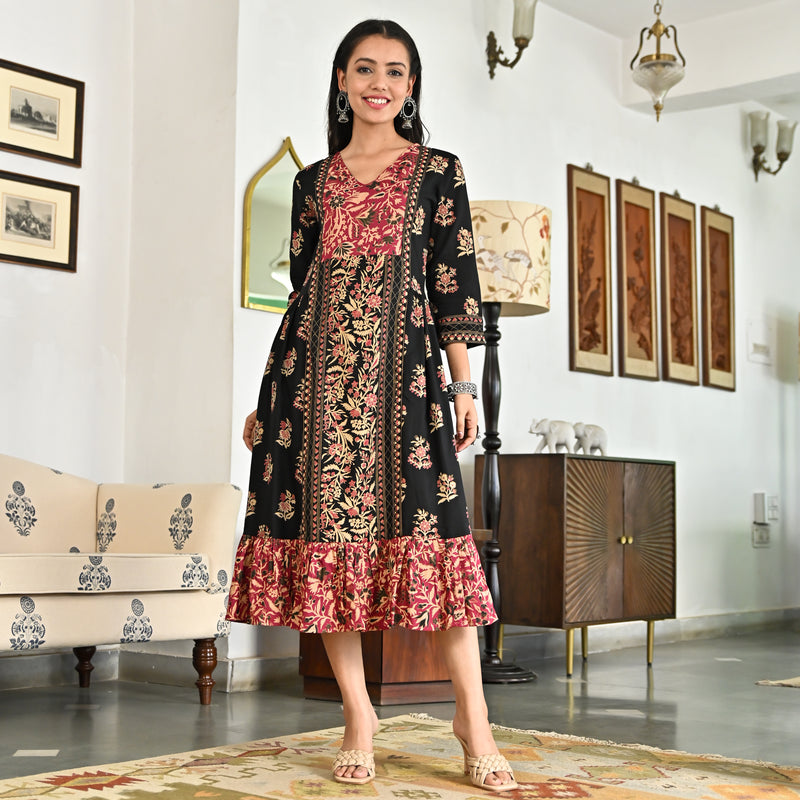 Black Floral Jaal Tiered Dress with Side Gathers