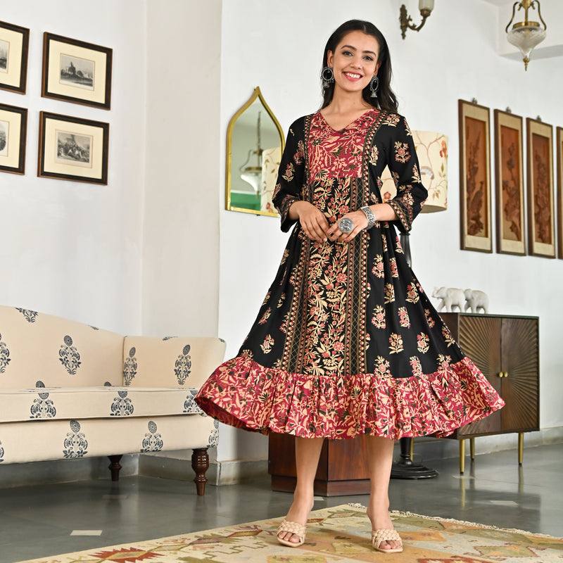 Black Floral Jaal Tiered Dress with Side Gathers