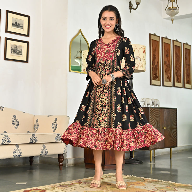 Black Floral Jaal Tiered Dress with Side Gathers