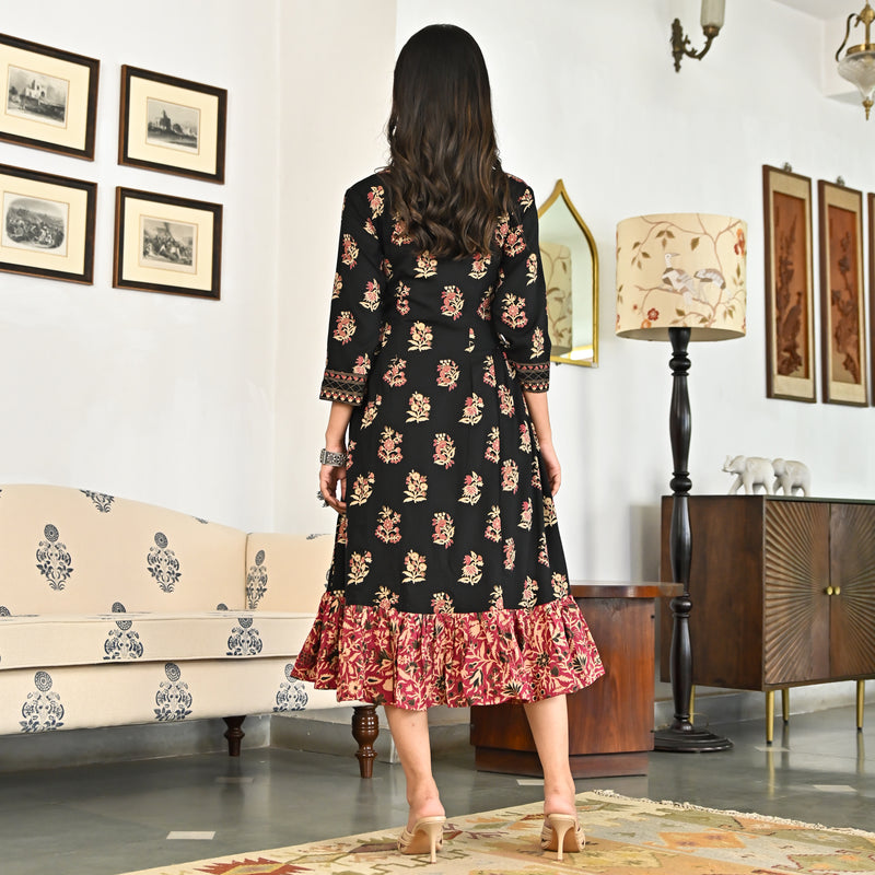 Black Floral Jaal Tiered Dress with Side Gathers