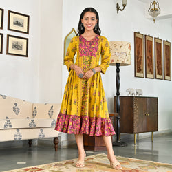Yellow Floral Jaal Tiered Dress with Side Gathers