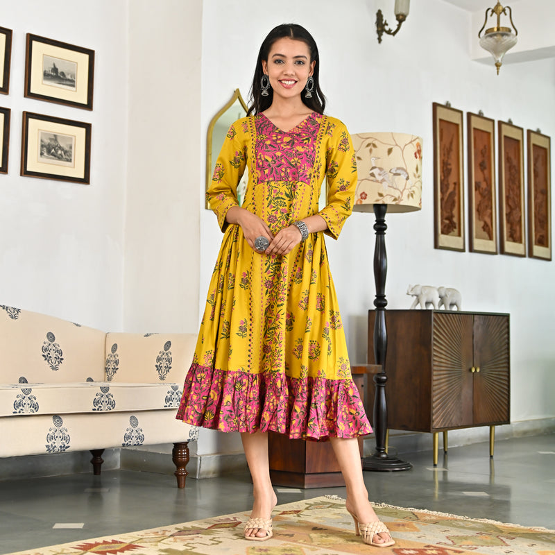 Yellow Floral Jaal Tiered Dress with Side Gathers