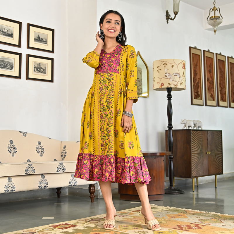 Yellow Floral Jaal Tiered Dress with Side Gathers