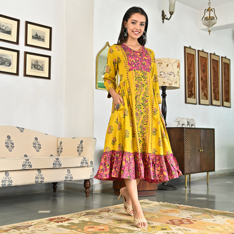 Yellow Floral Jaal Tiered Dress with Side Gathers