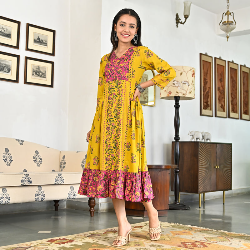 Yellow Floral Jaal Tiered Dress with Side Gathers