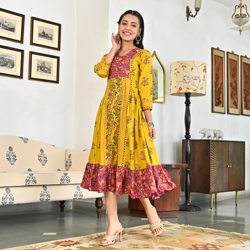 Yellow Floral Jaal Tiered Dress with Side Gathers