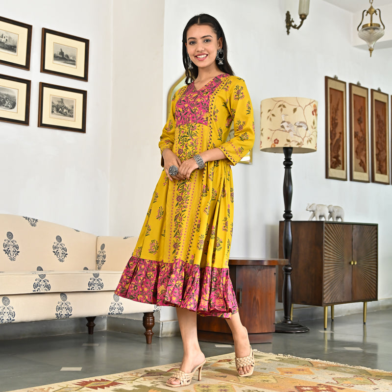 Yellow Floral Jaal Tiered Dress with Side Gathers