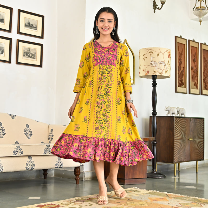 Yellow Floral Jaal Tiered Dress with Side Gathers