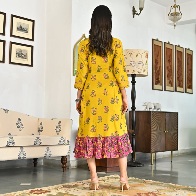 Yellow Floral Jaal Tiered Dress with Side Gathers