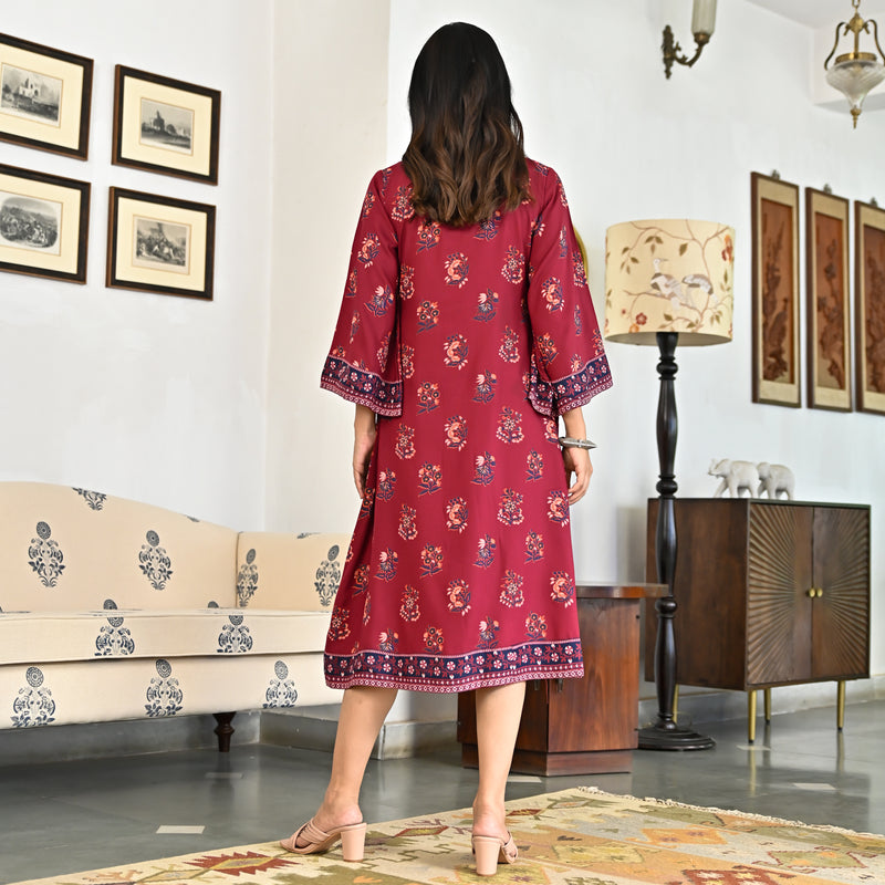 Maroon Printed Mandarin Collar Dress