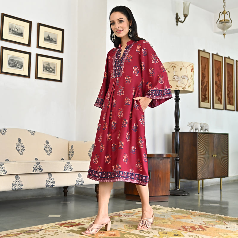 Maroon Printed Mandarin Collar Dress
