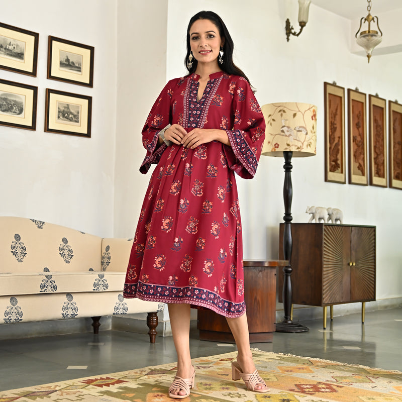 Maroon Printed Mandarin Collar Dress