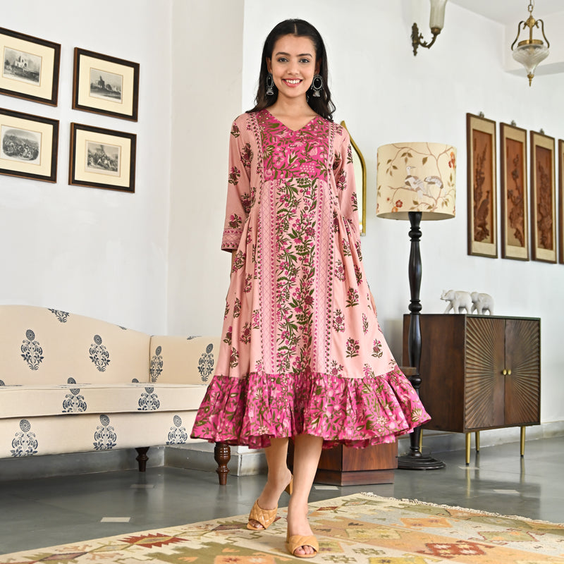 Pink Floral Jaal Tiered Dress with Side Gathers