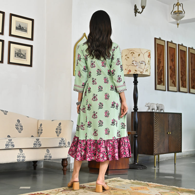 Mint Green Floral Jaal Tiered Dress with Side Gathers