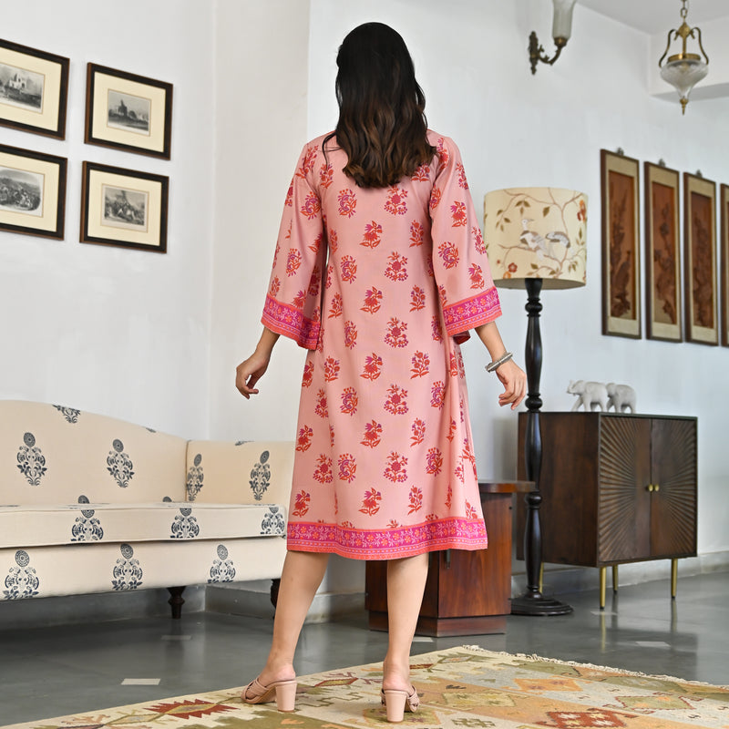 Pink Printed Mandarin Collar Dress