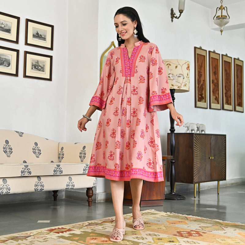 Pink Printed Mandarin Collar Dress