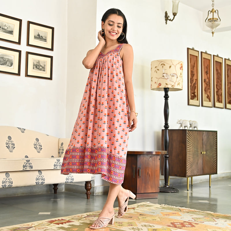 Pink Fruity Sweetheart Neck Dress with Gathers Detailing