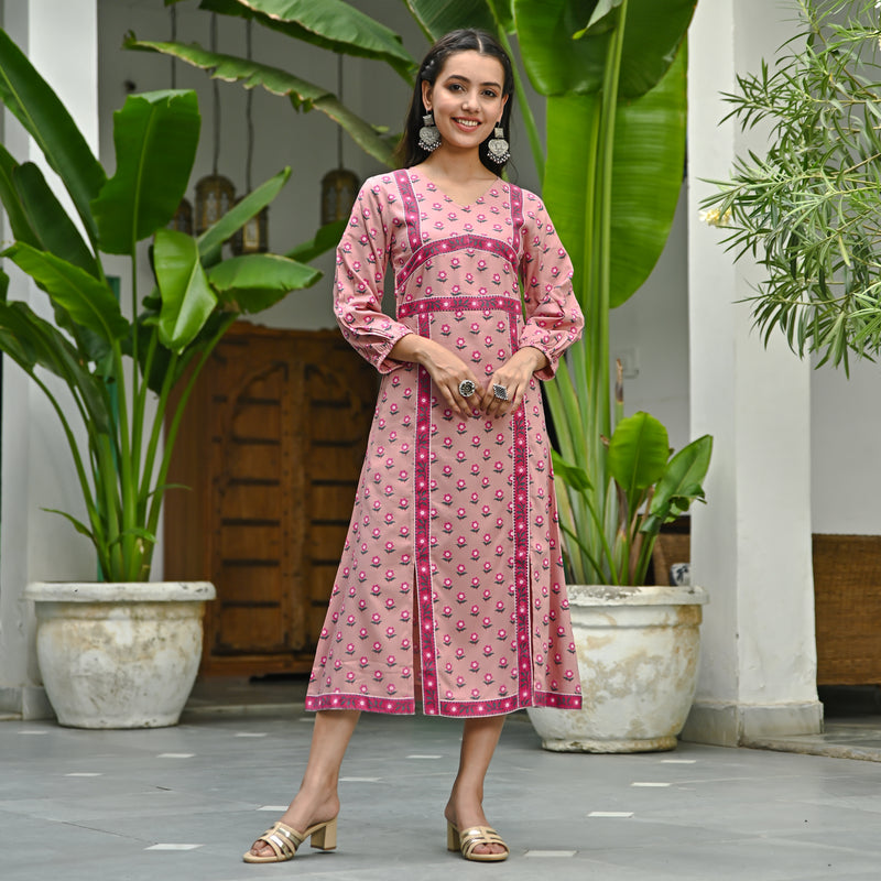 Pink Printed Front Slit Dress