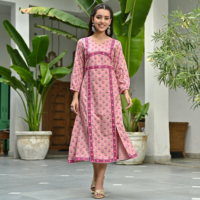 Pink Printed Front Slit Dress